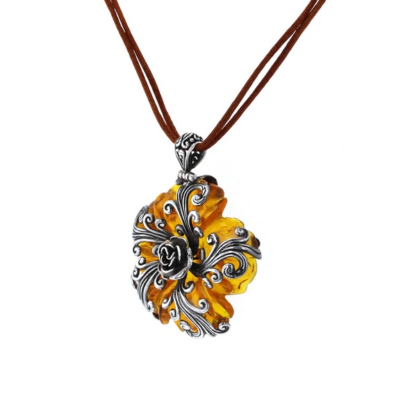 Amber Floral Pendant Sterling Silver with 18” Silk Cord - Picture 2 of 3
